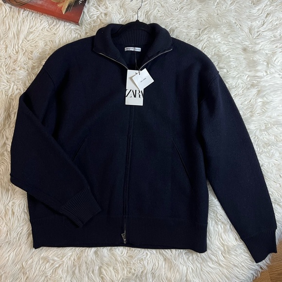 🔥NWT ZARA🔥 Navy Blue 100% Wool Zip-up Jacket - Picture 7 of 10